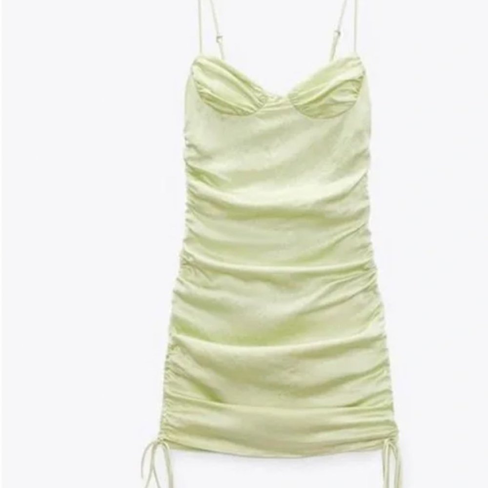 Zara Ruched Bodycon Mini Dress - Size: M - Color: Satin Light Green